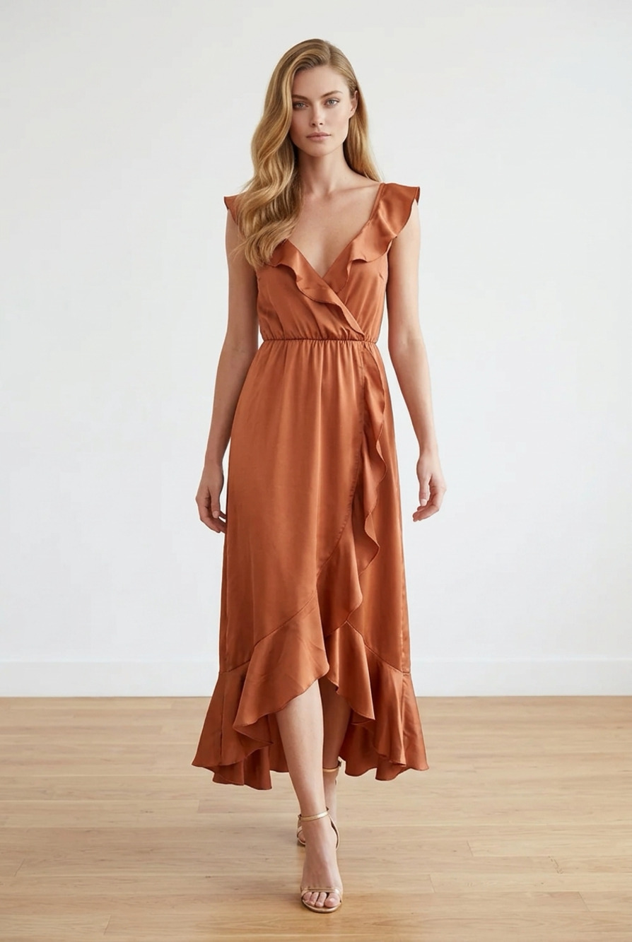 Show Me Your MuMu Samantha Luxe Satin Ruffle Midi Dress in Copper